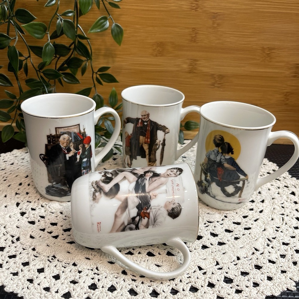 Vtg Norman Rockwell Saturday Evening Post Porcelain Coffee Mugs Gold Trim Set